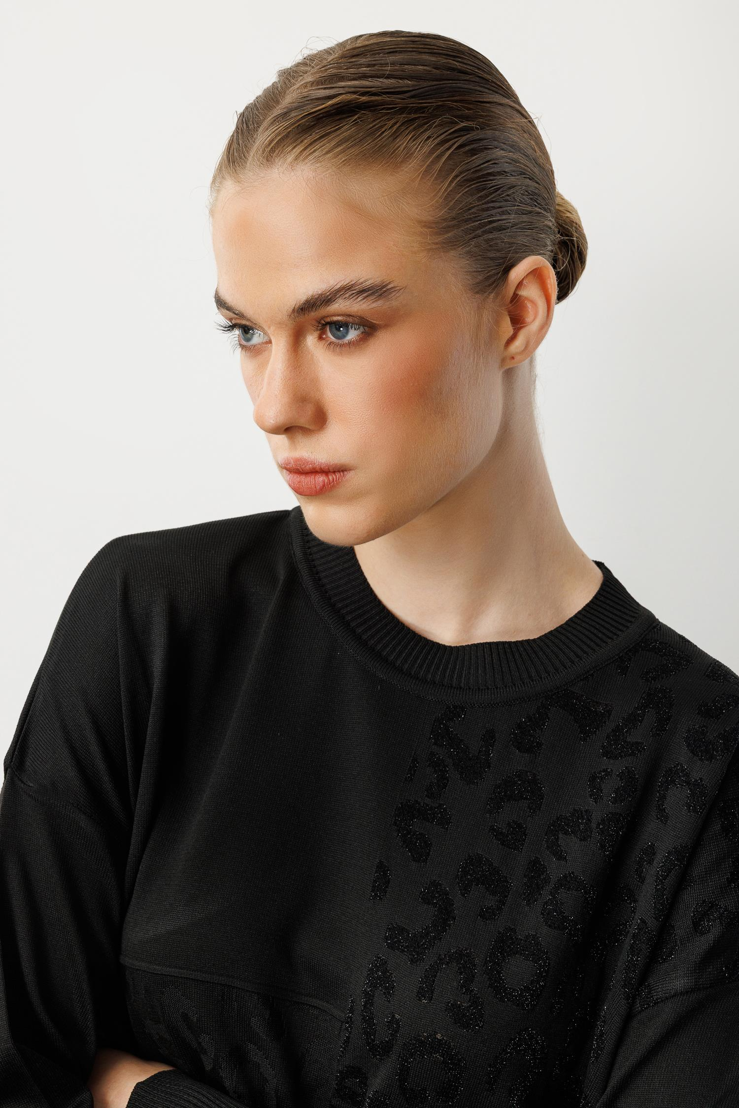 Leopar Kombinli Triko Tunik-SİYAH