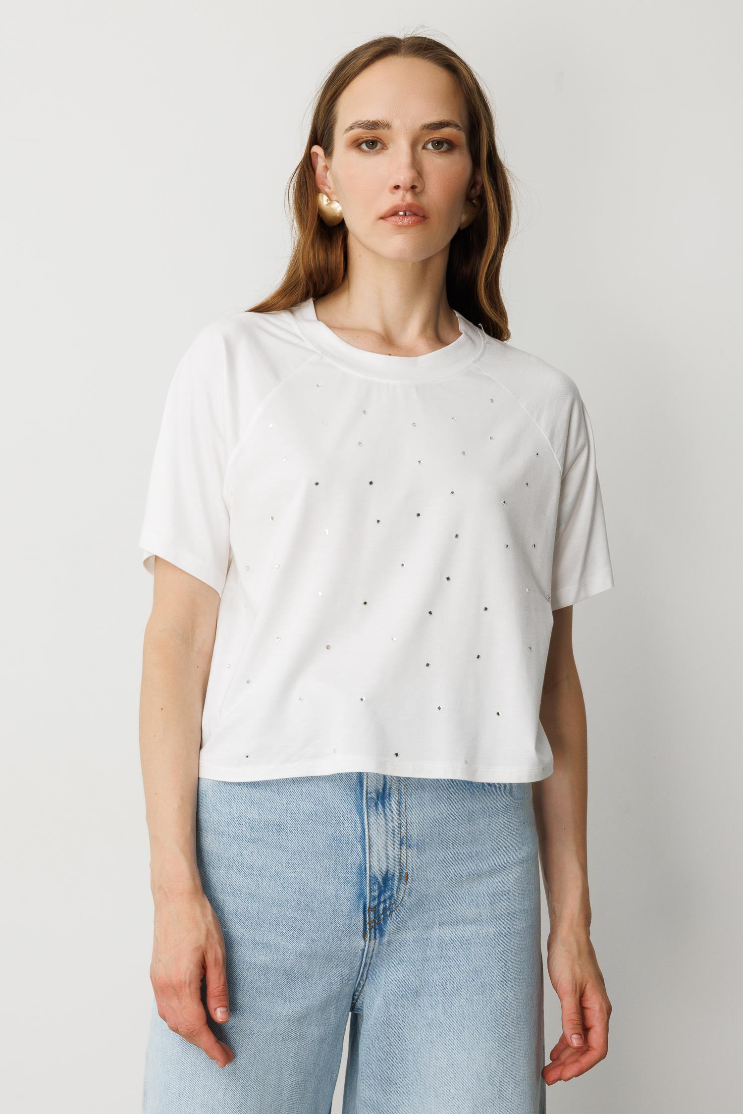 Minik Taş Detaylı Kısa Tişört-KEMIK