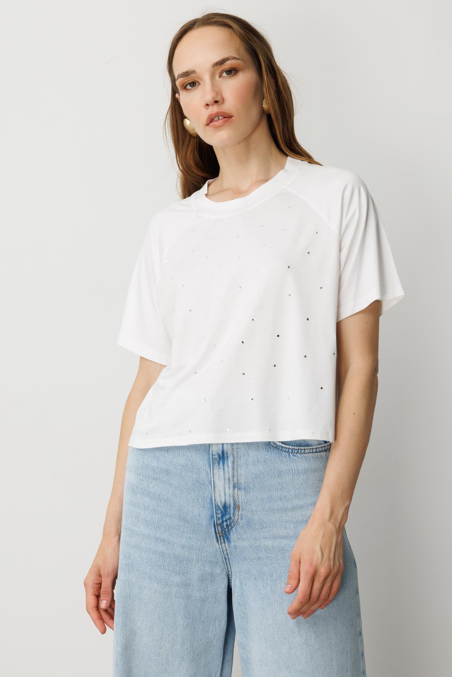 Minik Taş Detaylı Kısa Tişört-KEMIK