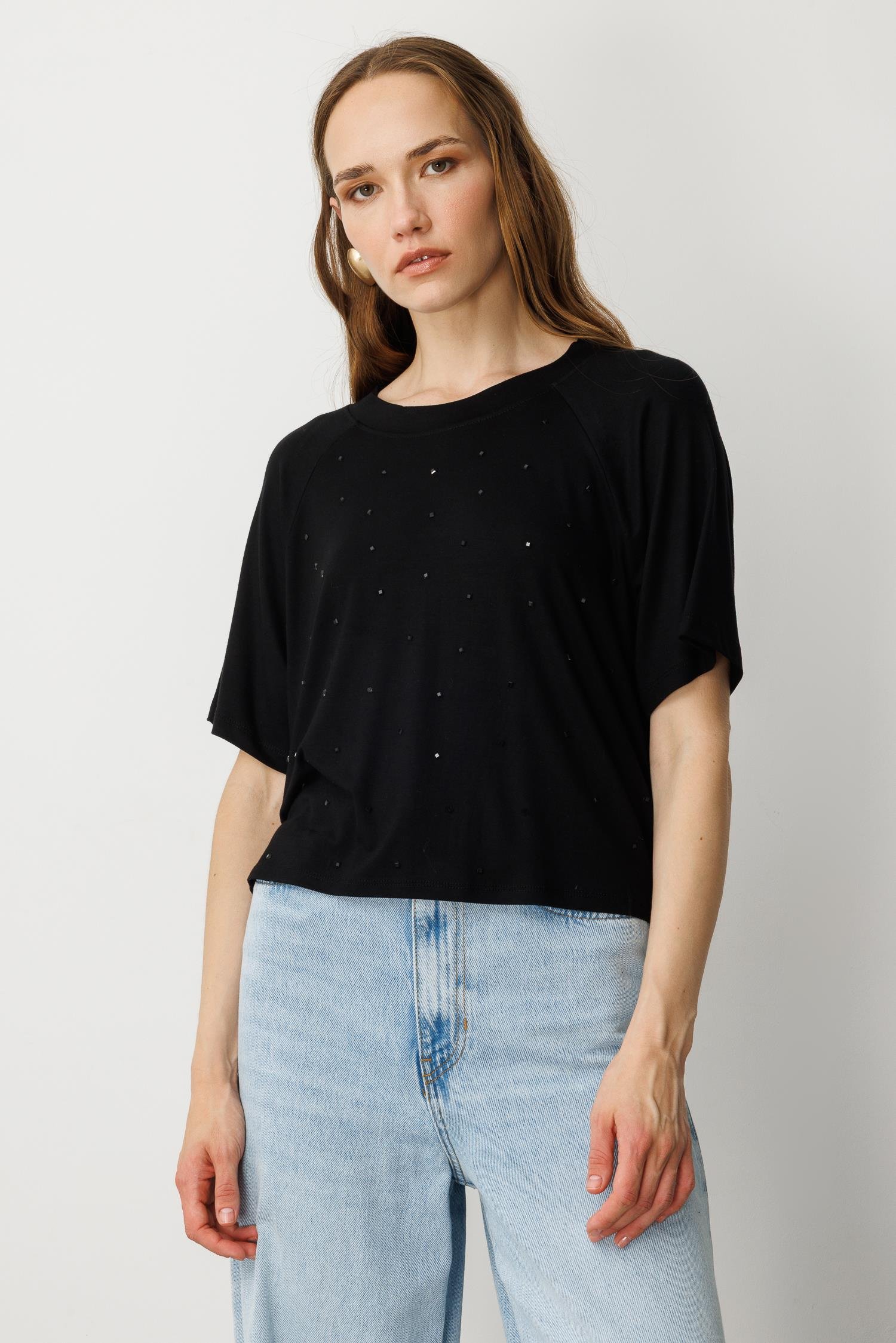 Minik Taş Detaylı Kısa Tişört-SİYAH