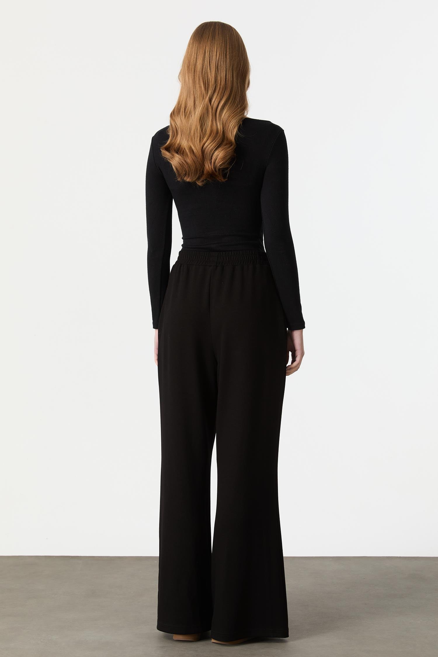 Nervür Detay Bol Paça Modal Pantolon-SİYAH