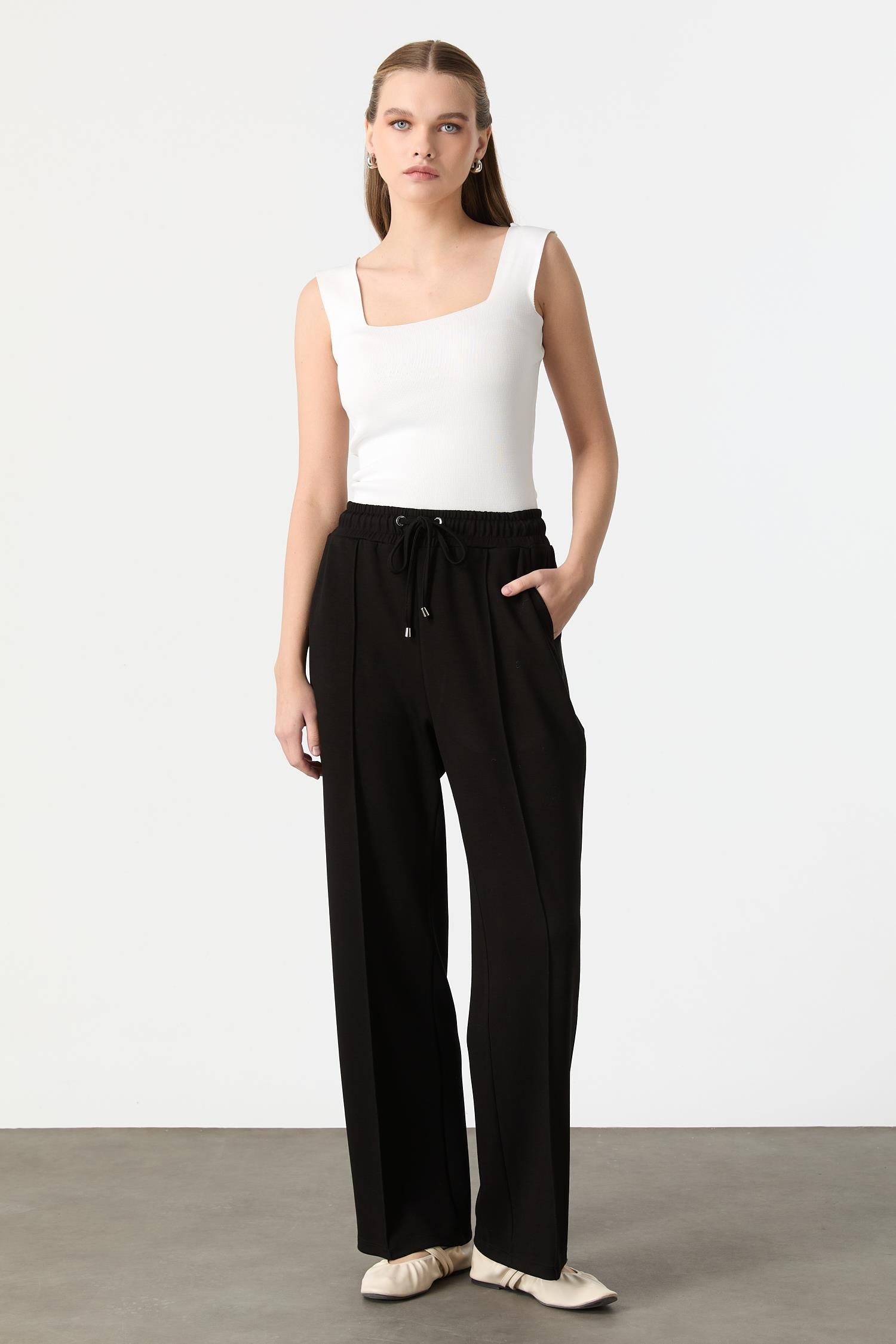 Nervür Detaylı Modal Pantolon-SİYAH