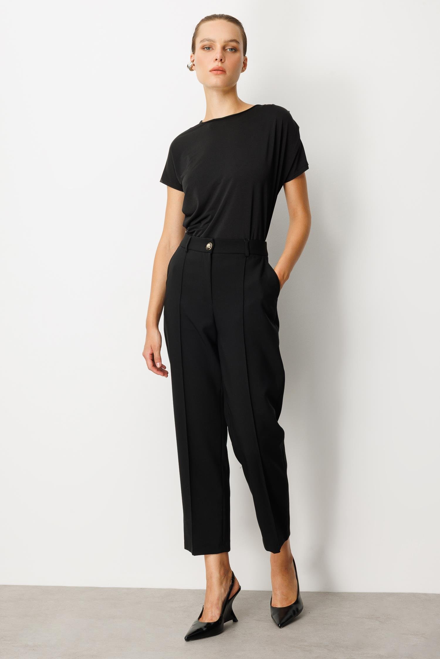 Nervürlü Kumaş Pantolon-SİYAH