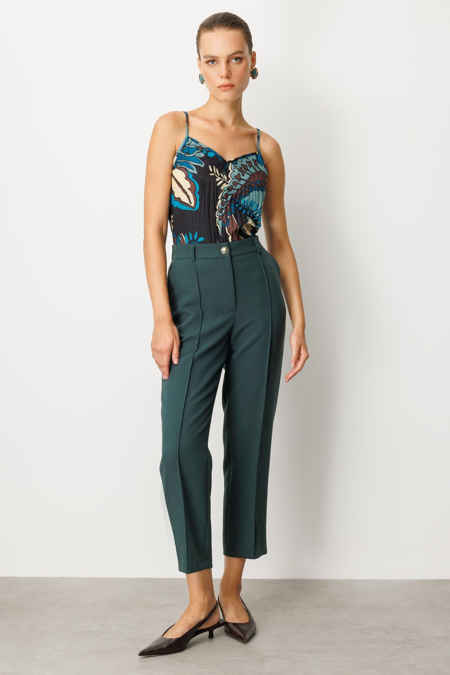 Nervürlü Kumaş Pantolon-YEŞİL