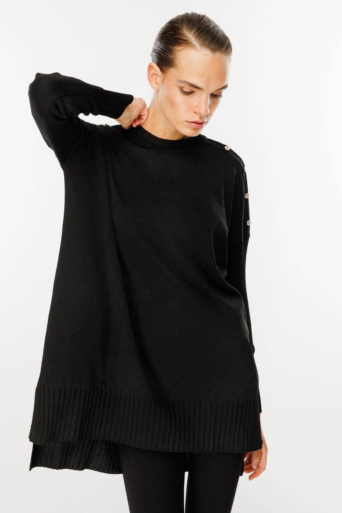 Omuzları Düğmeli Triko Tunik - SİYAH