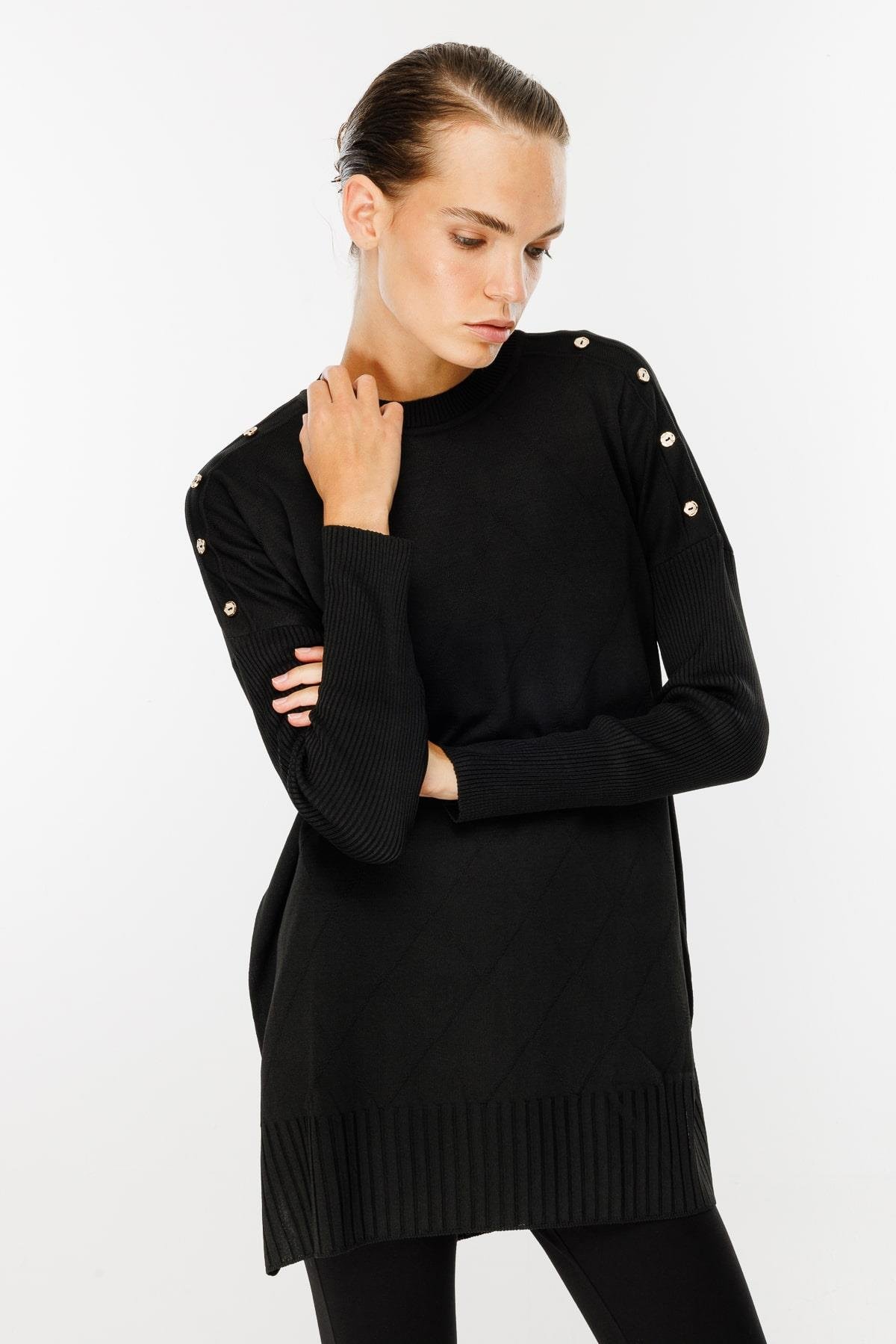 Omuzları Düğmeli Triko Tunik - SİYAH