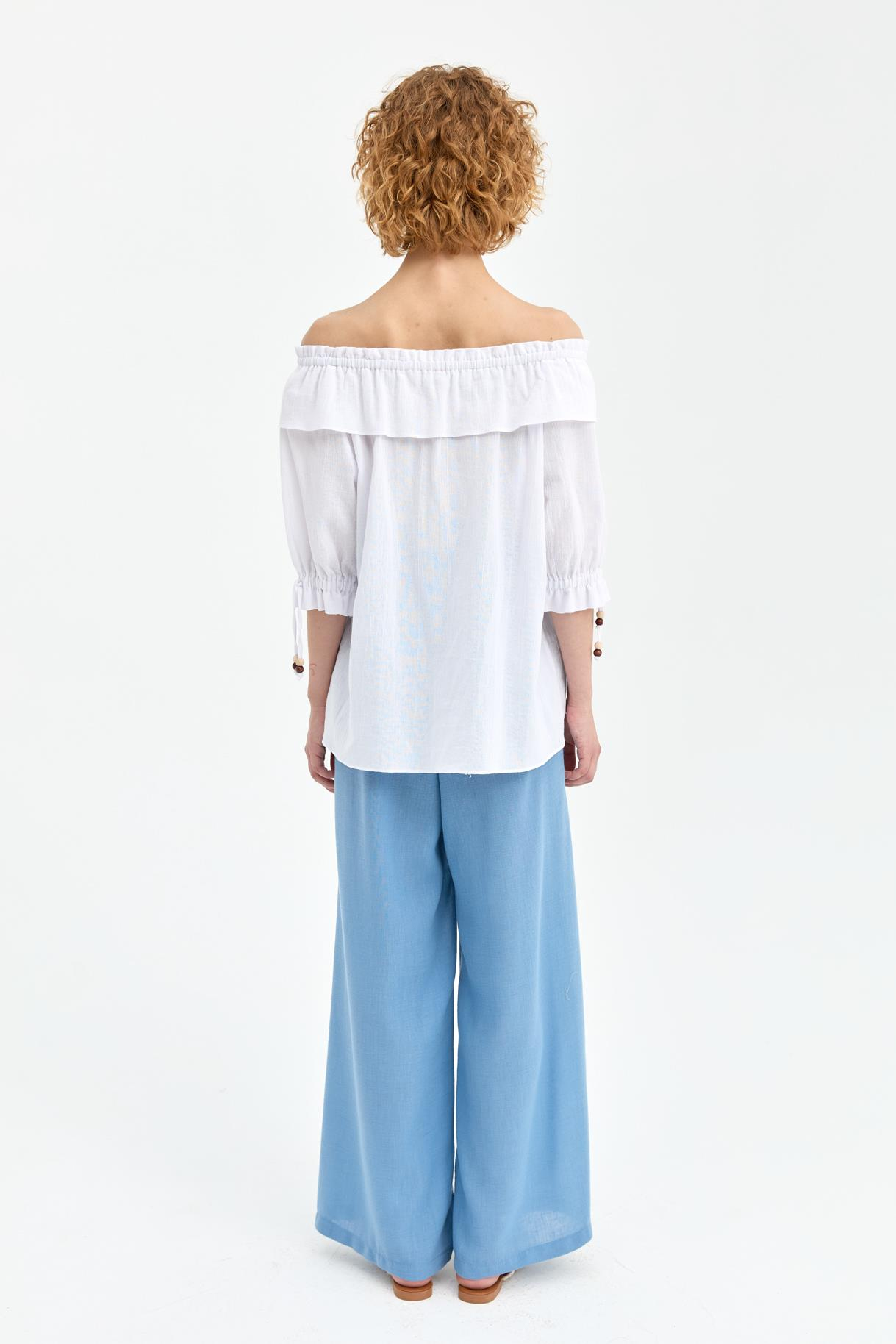 Omuzları Ve Kolları Lastikli Şile Bezi Bluz - BEYAZ