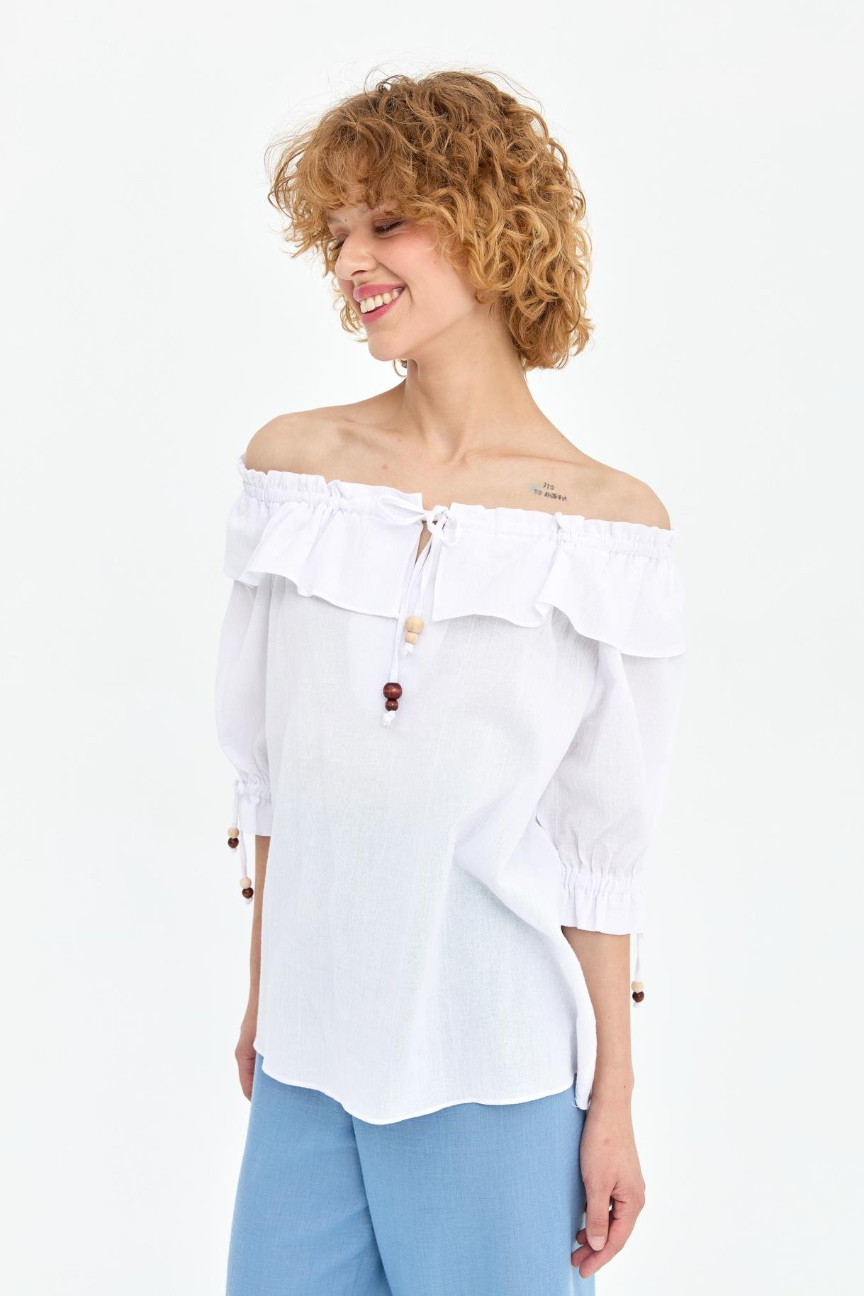 Omuzları Ve Kolları Lastikli Şile Bezi Bluz - BEYAZ