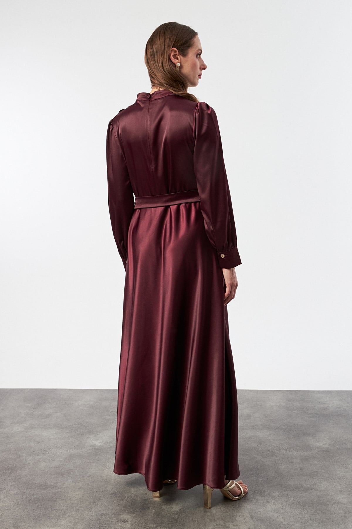 Omzu Düğme Detaylı Elbise-BORDO
