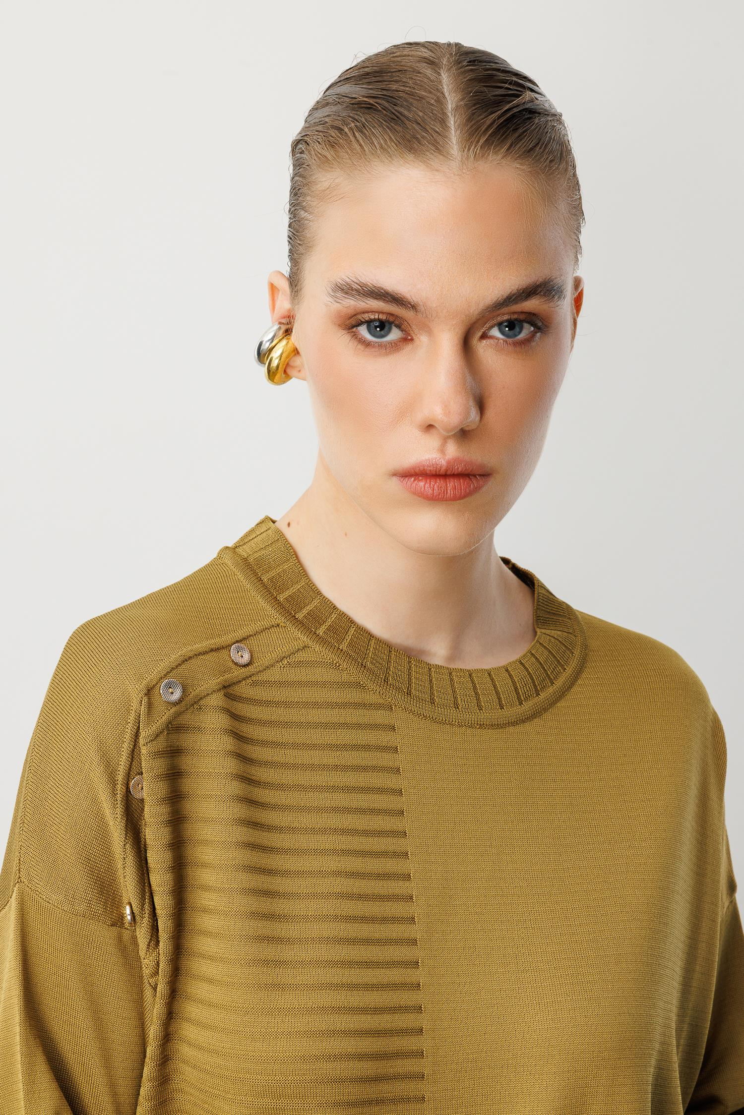 Omzu Düğme Detaylı Triko Tunik-Y.YEŞİLİ