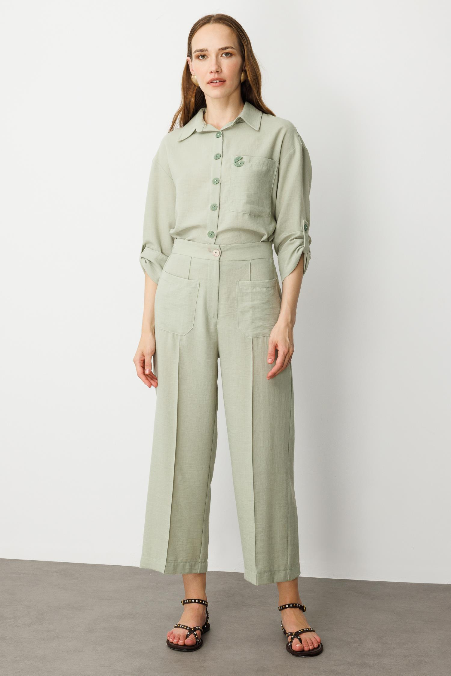 Önden Cep Detaylı Keten Görünüm Pantolon-SU YEŞİLİ