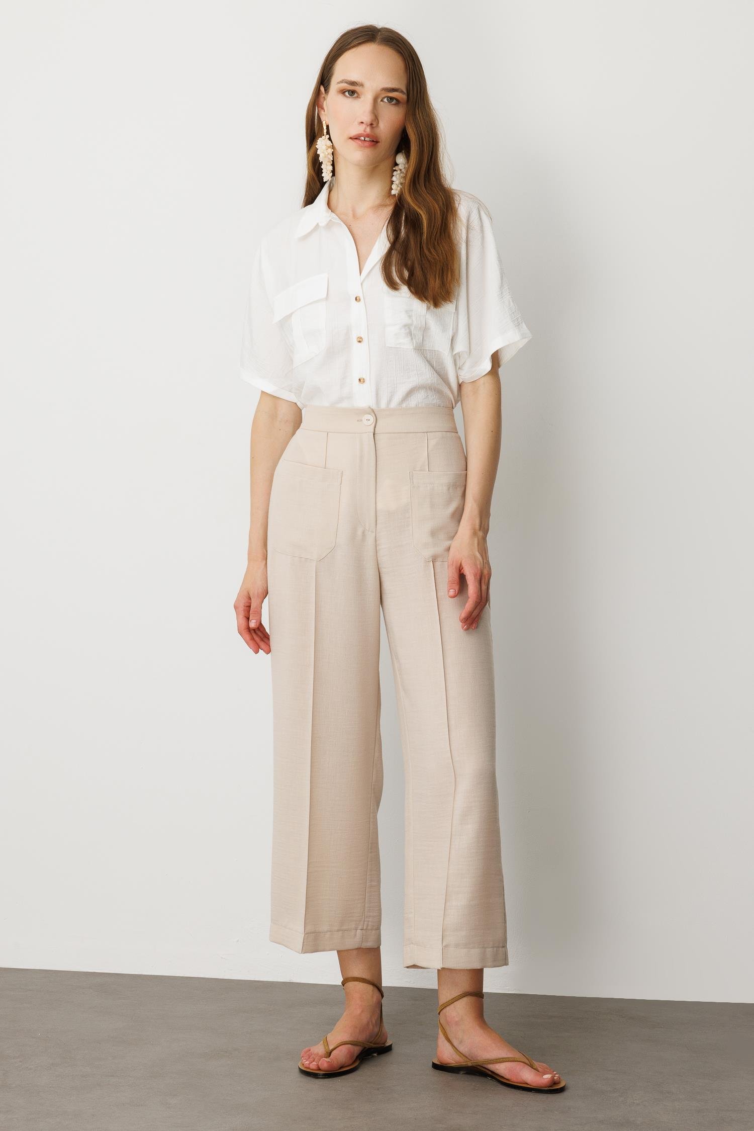 Önden Cep Detaylı Keten Görünüm Pantolon-TAŞ