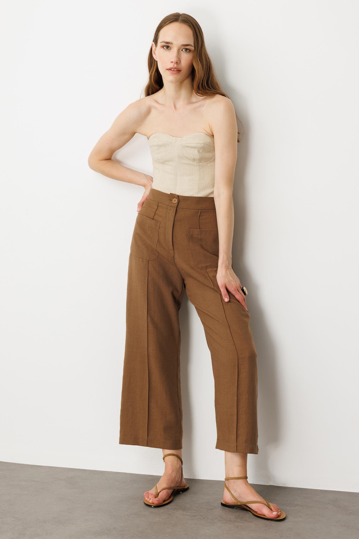 Önden Cep Detaylı Keten Görünüm Pantolon-KAHVE