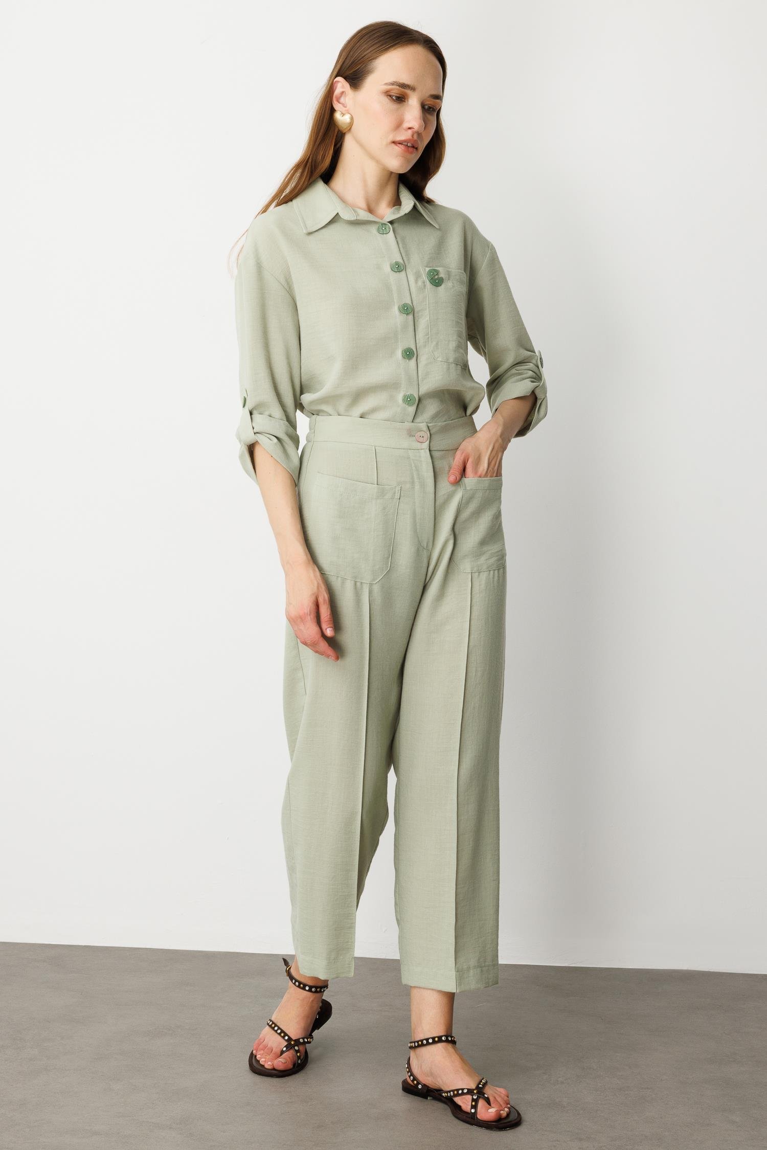 Önden Cep Detaylı Keten Görünüm Pantolon-SU YEŞİLİ