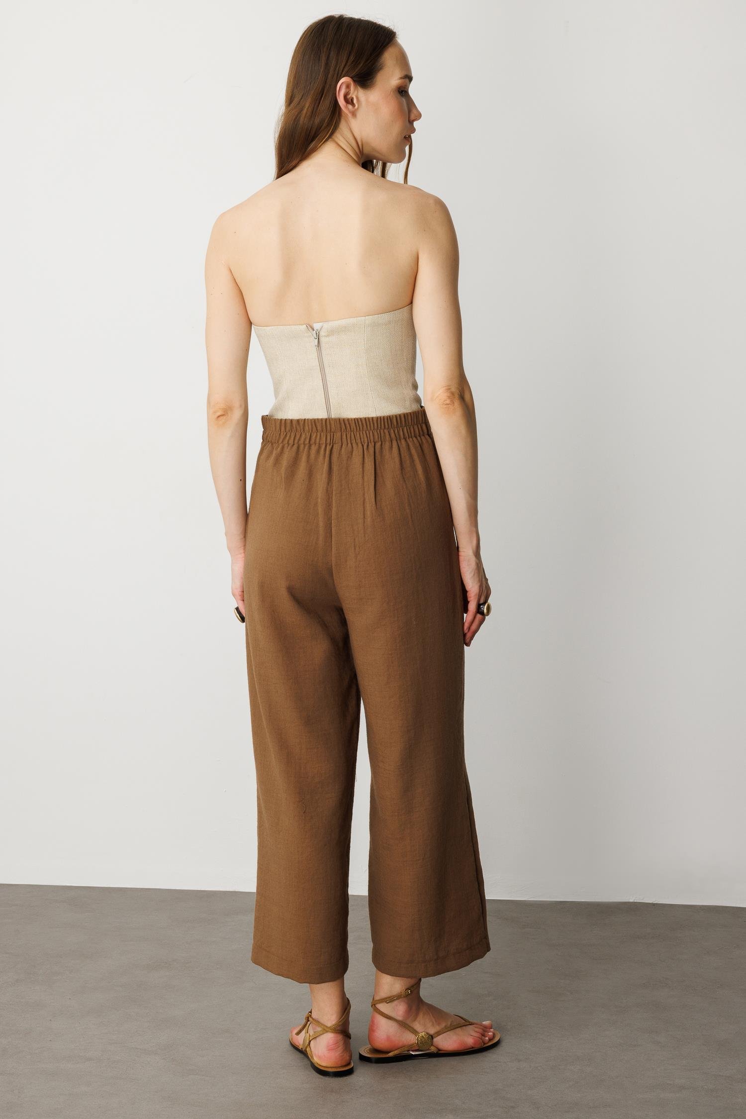 Önden Cep Detaylı Keten Görünüm Pantolon-KAHVE