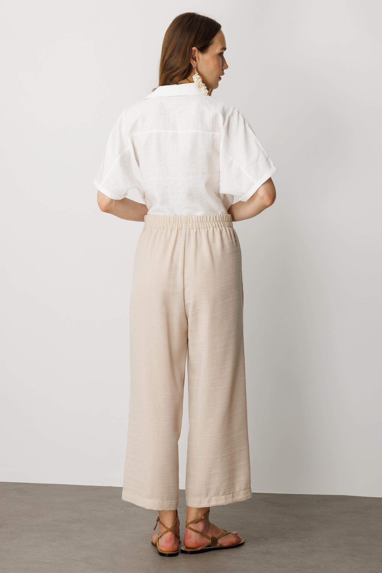 Önden Cep Detaylı Keten Görünüm Pantolon-TAŞ