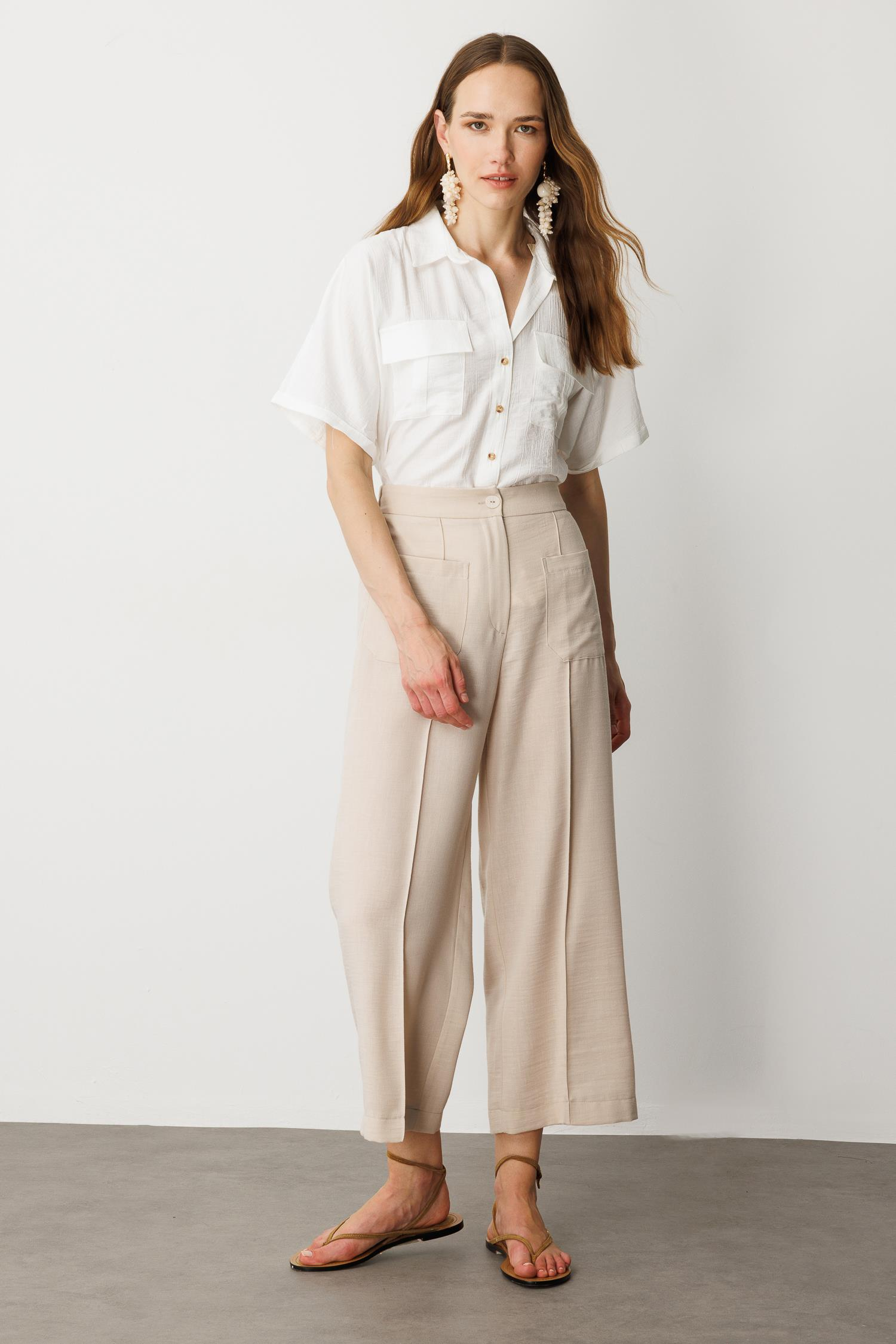 Önden Cep Detaylı Keten Görünüm Pantolon-TAŞ