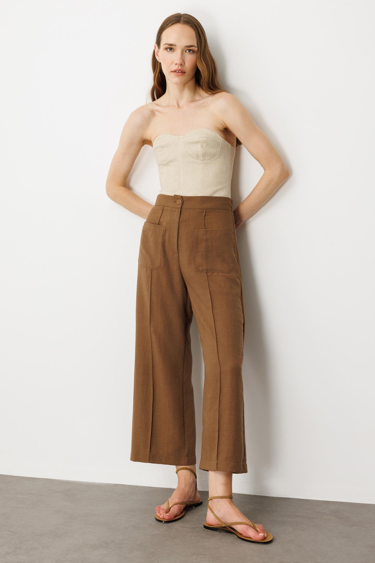 Önden Cep Detaylı Keten Görünüm Pantolon-KAHVE