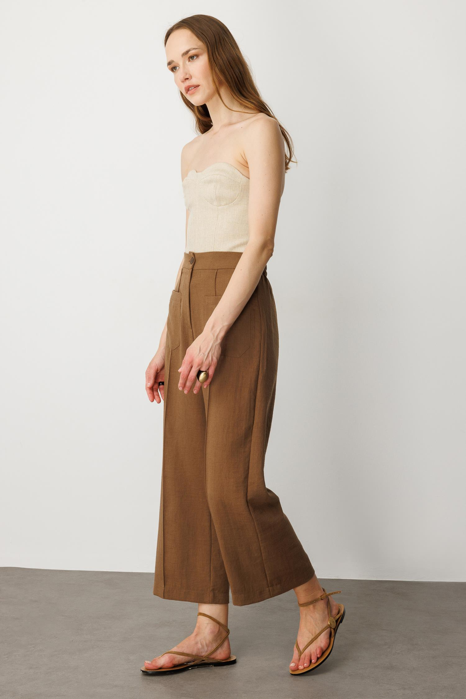 Önden Cep Detaylı Keten Görünüm Pantolon-KAHVE