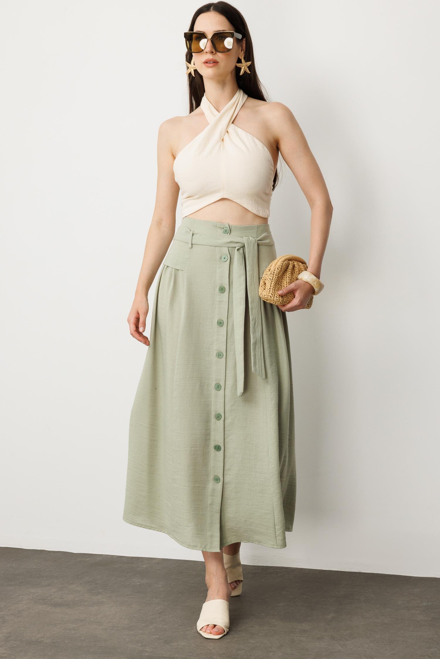 Önden Düğmeli Kemer Detay Etek-SU YEŞİLİ