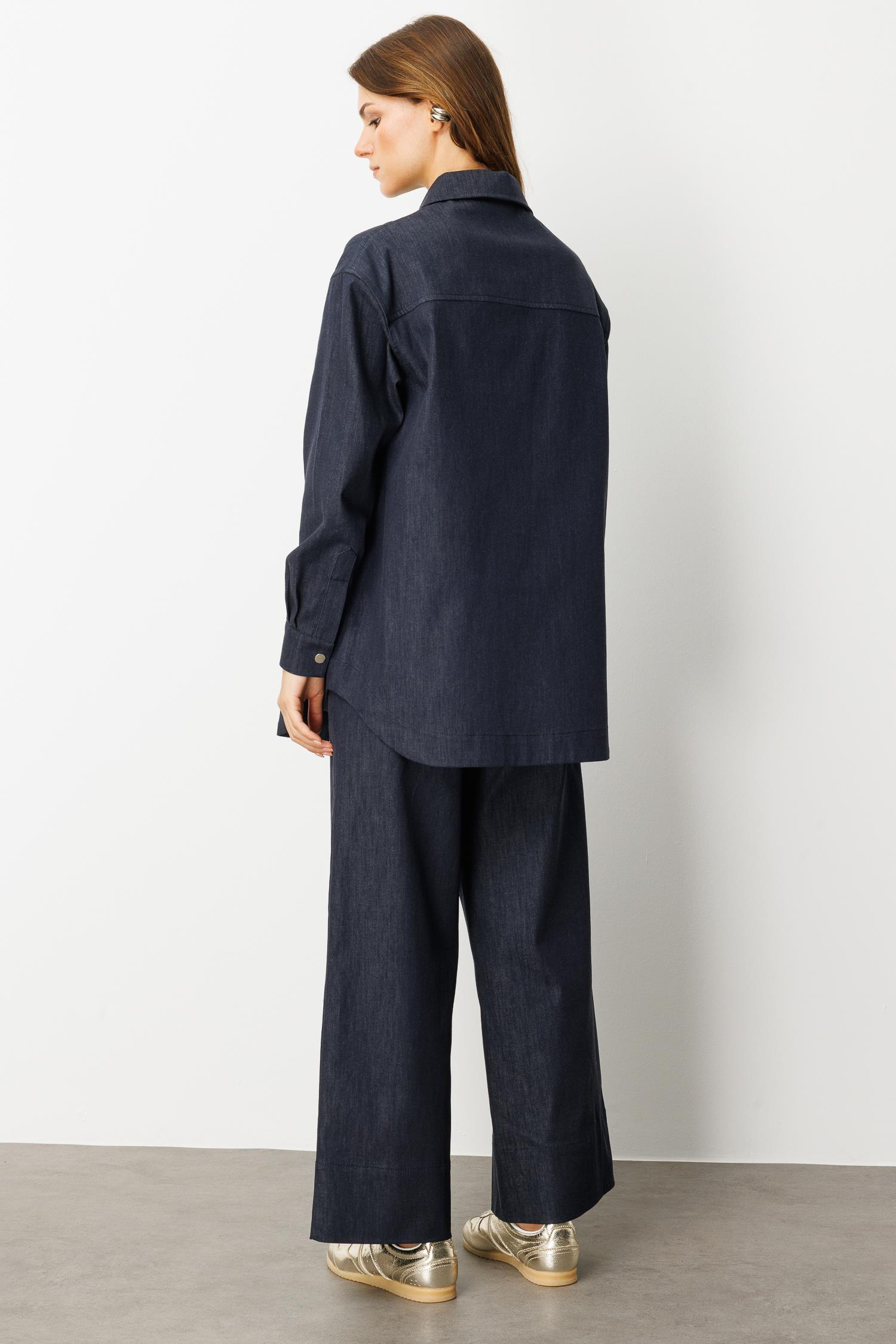 Önü Cep Detay Pamuklu Kot Gömlek-LACI