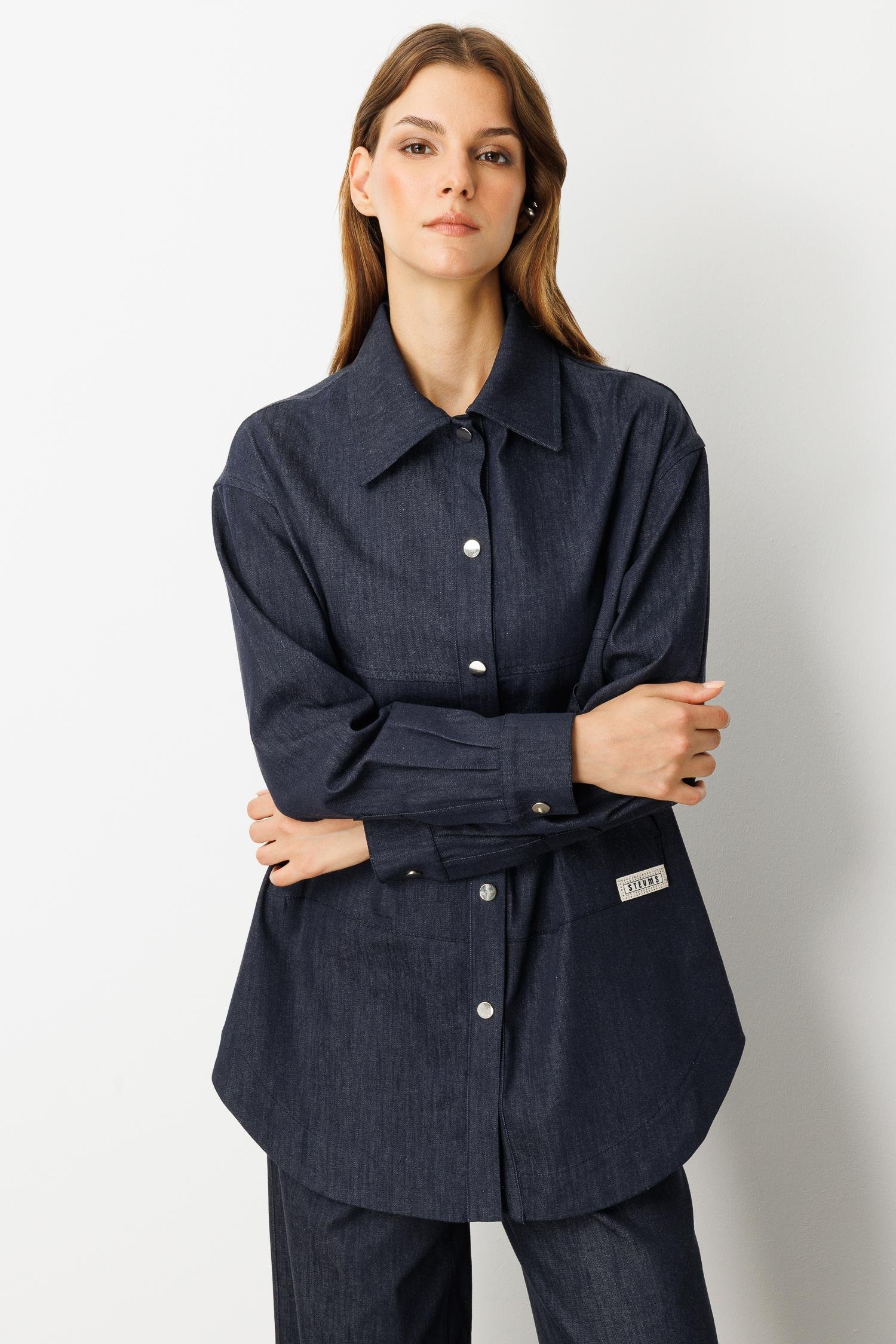 Önü Cep Detay Pamuklu Kot Gömlek-LACI