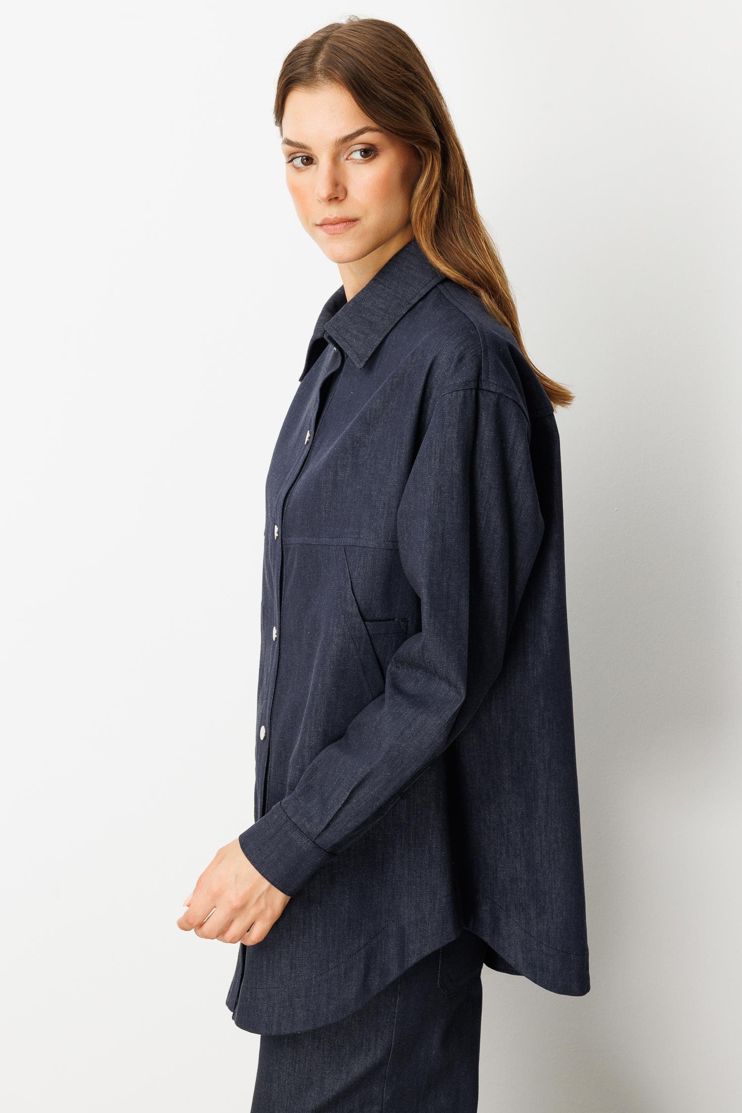 Önü Cep Detay Pamuklu Kot Gömlek-LACI