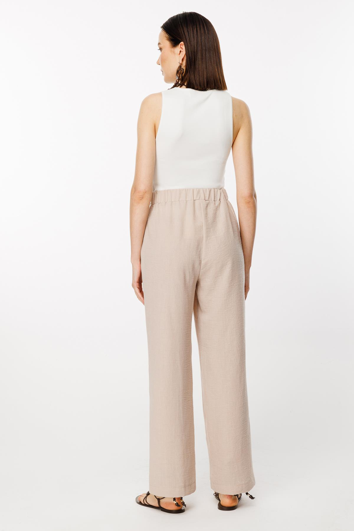 Önü Düğme Detaylı Beli Lastikli Keten Pantolon - TAŞ