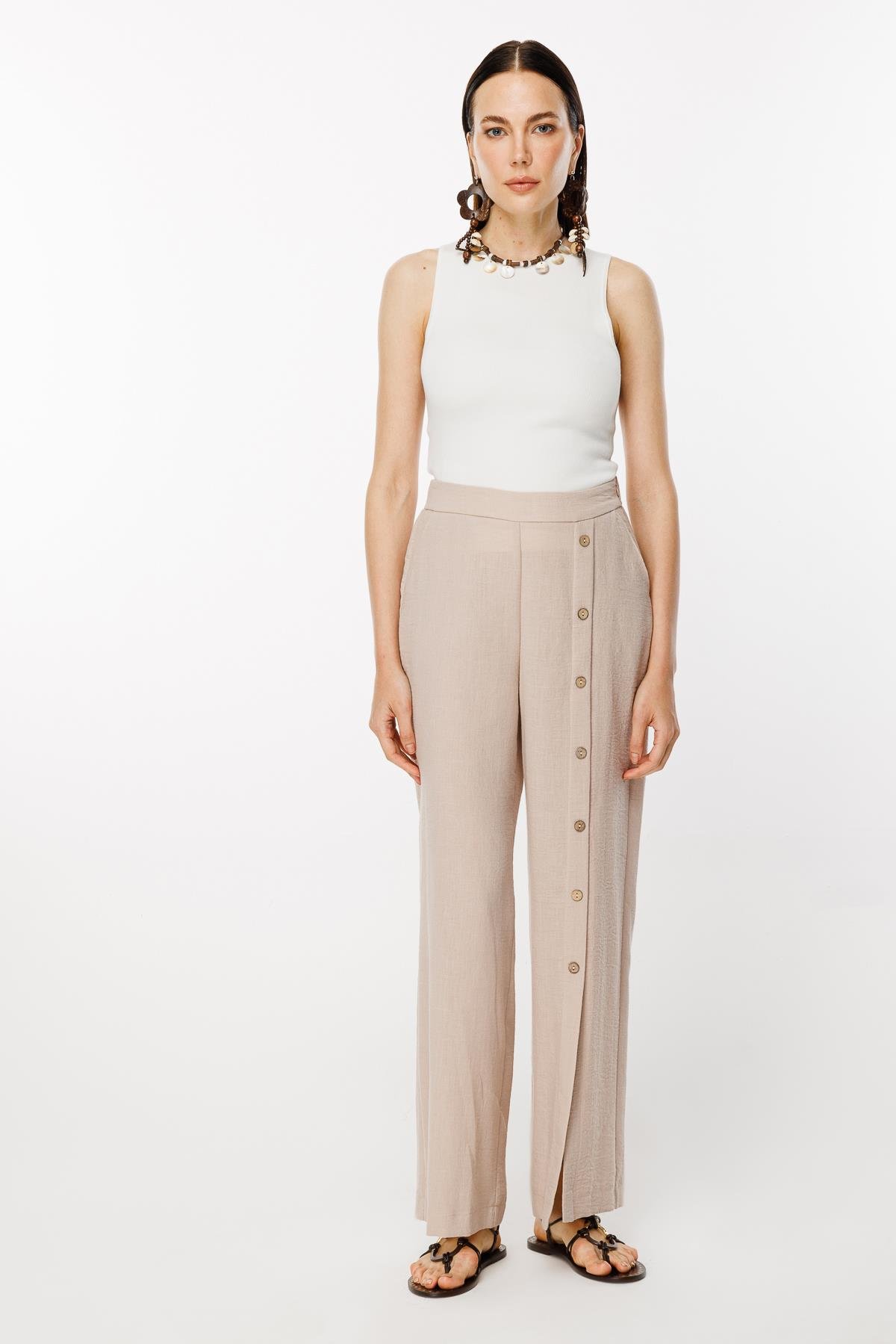 Önü Düğme Detaylı Beli Lastikli Keten Pantolon - TAŞ