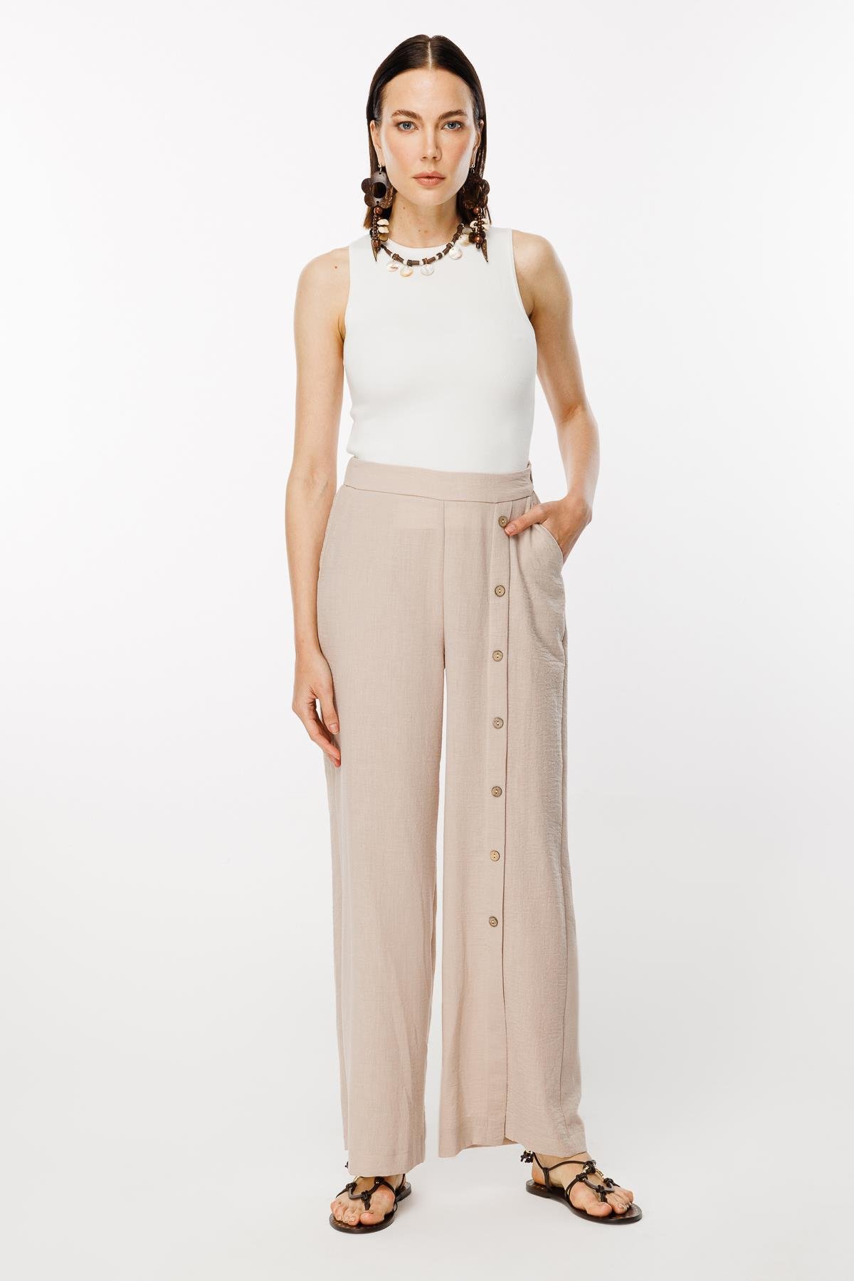 Önü Düğme Detaylı Beli Lastikli Keten Pantolon - TAŞ