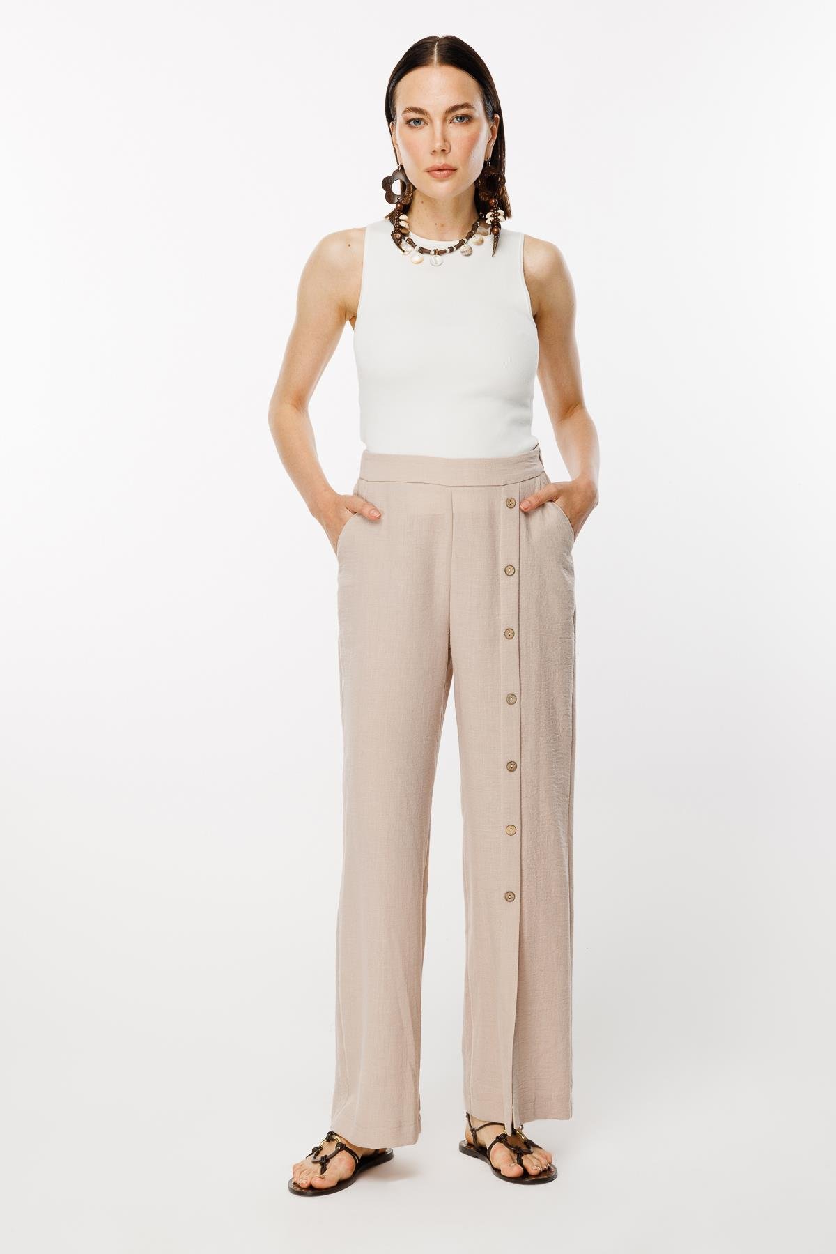 Önü Düğme Detaylı Beli Lastikli Keten Pantolon - TAŞ
