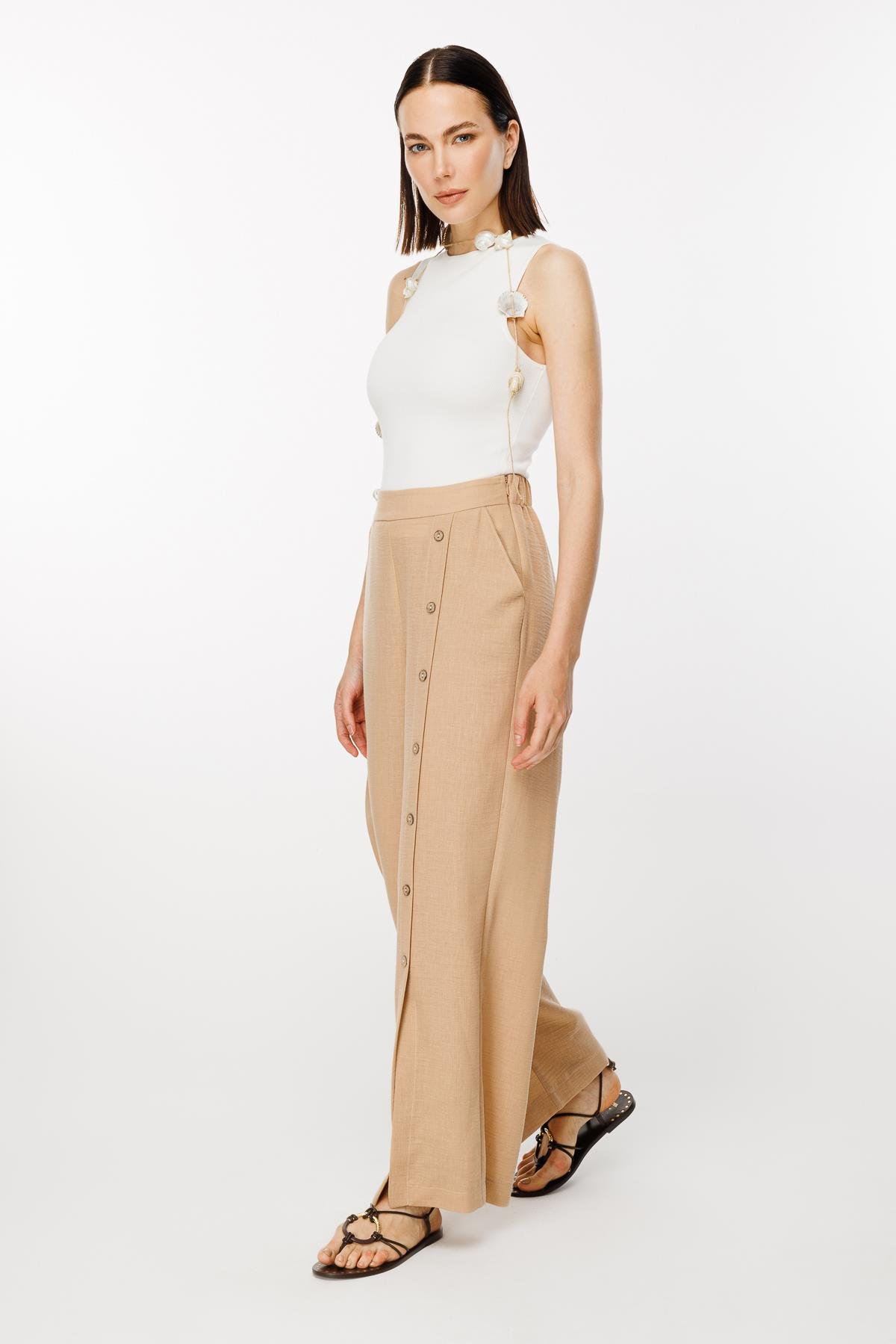 Önü Düğme Detaylı Beli Lastikli Keten Pantolon - CAMEL