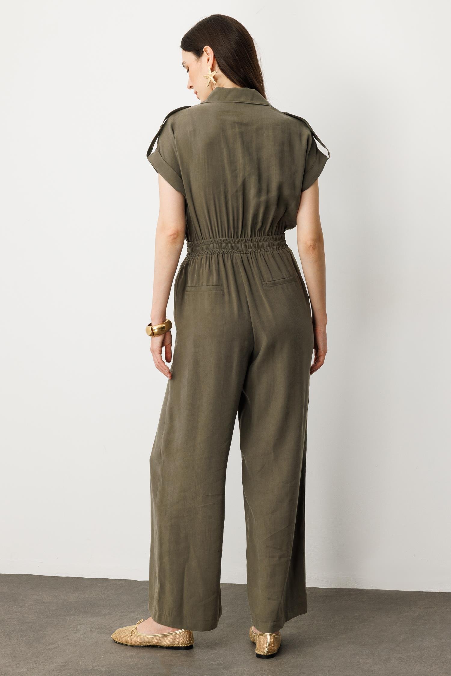 Önü Düğmeli Kısa Kol Tulum-HAKİ