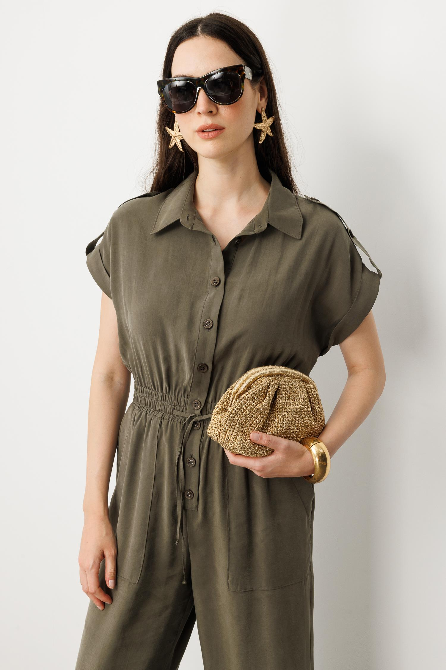 Önü Düğmeli Kısa Kol Tulum-HAKİ