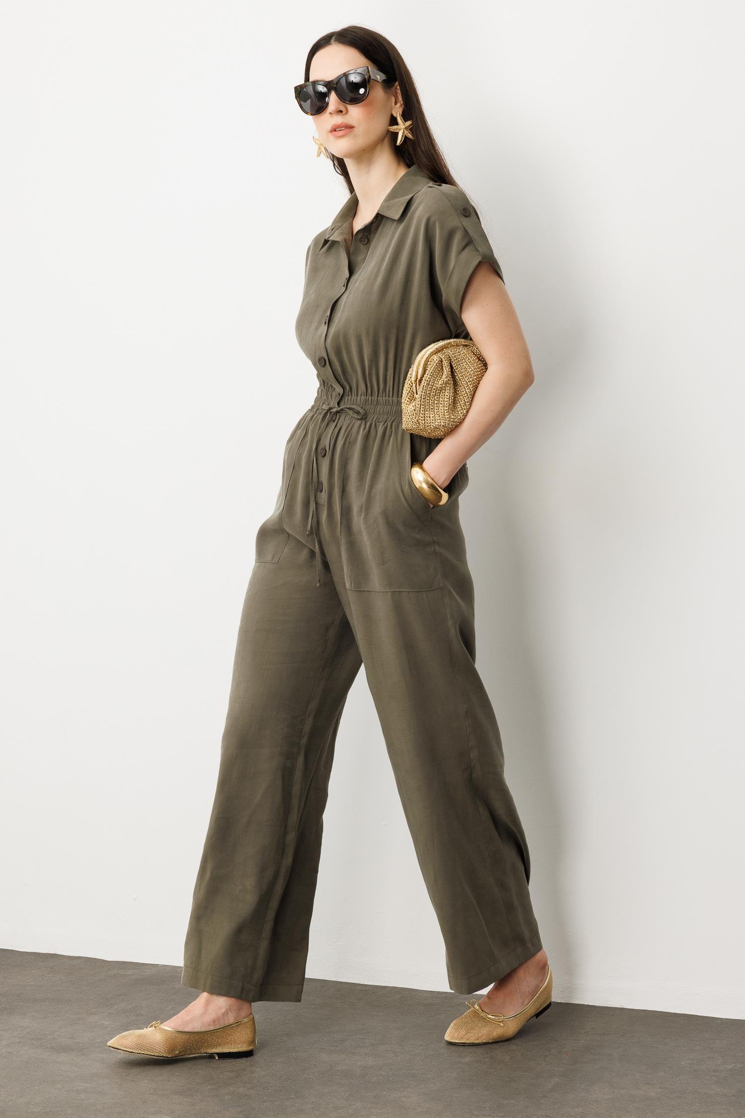 Önü Düğmeli Kısa Kol Tulum-HAKİ