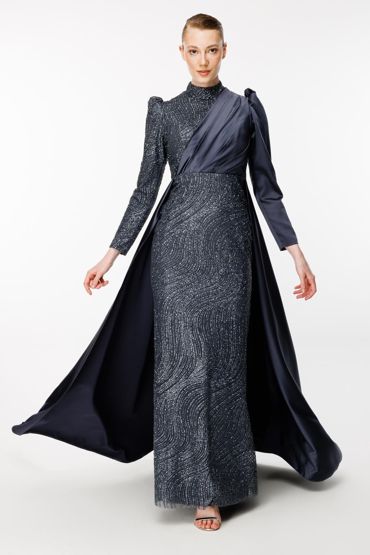 Önü Taş İşlemeli Saten Uzun Abiye - ANTRASİT