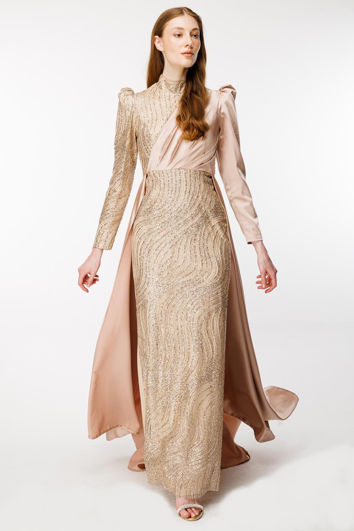 Önü Taş İşlemeli Saten Uzun Abiye - GOLD