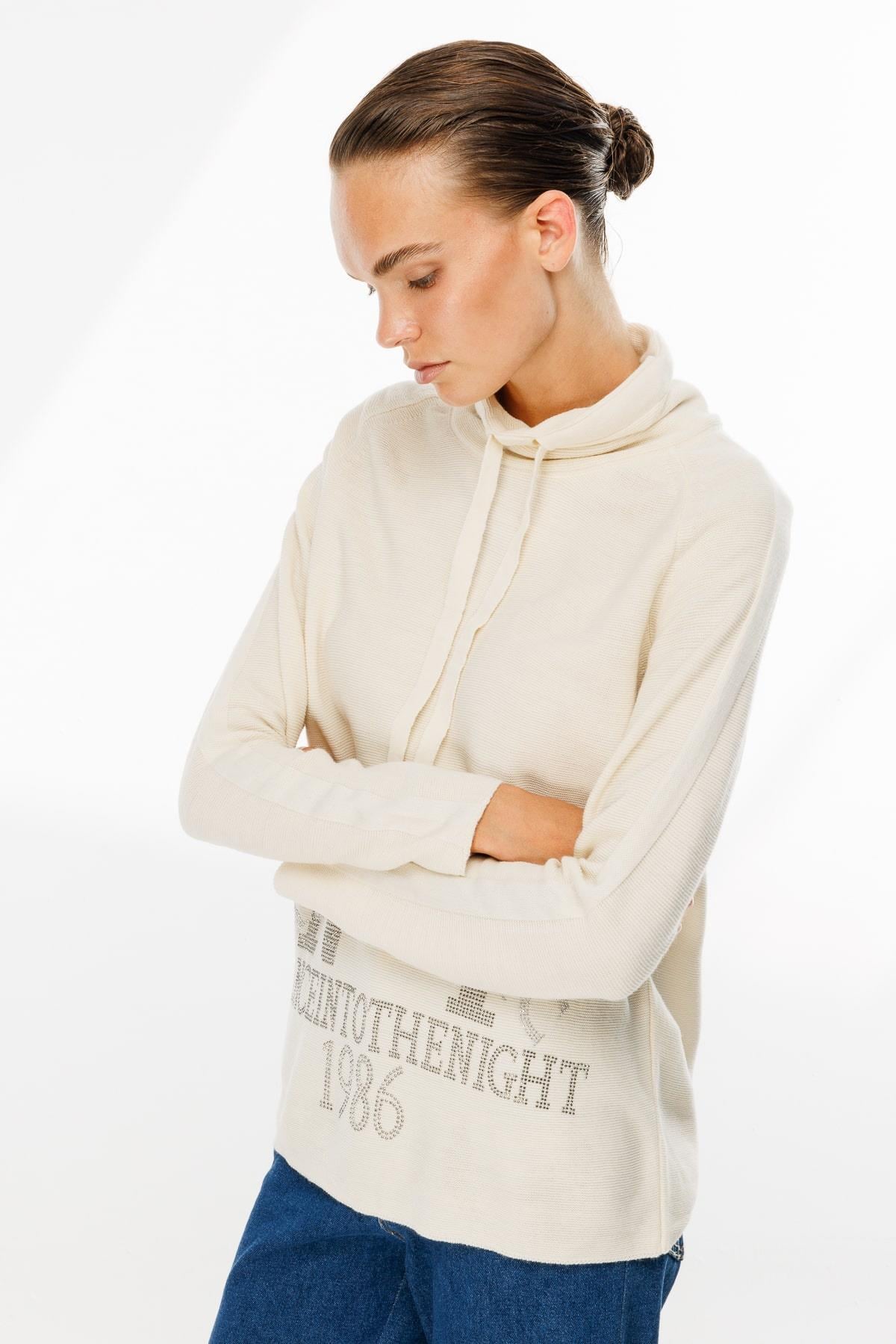 Önü Taşlı Yazı Baskılı Triko Sweat - KEMIK