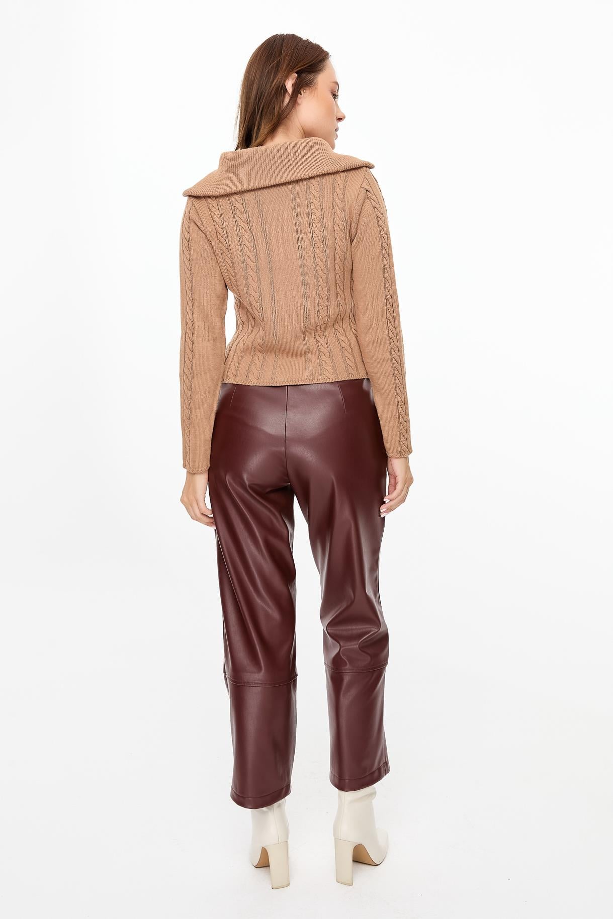Örgü Desenli Polo Yaka Triko Kazak - CAMEL
