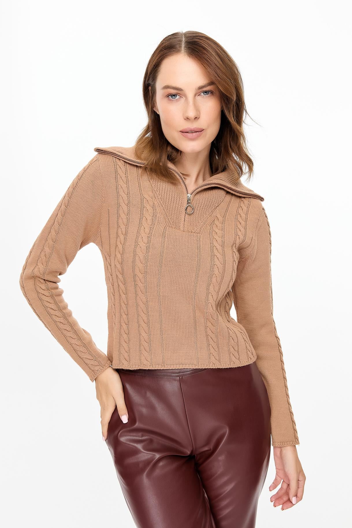 Örgü Desenli Polo Yaka Triko Kazak - CAMEL