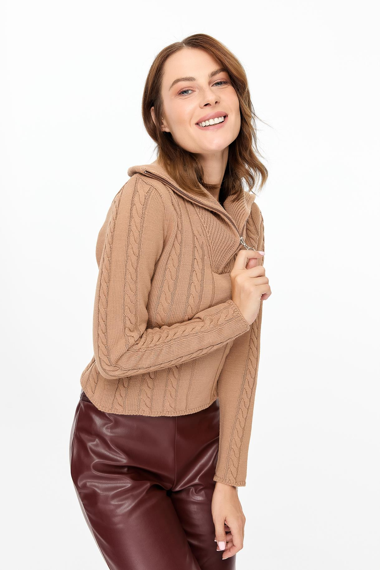 Örgü Desenli Polo Yaka Triko Kazak - CAMEL