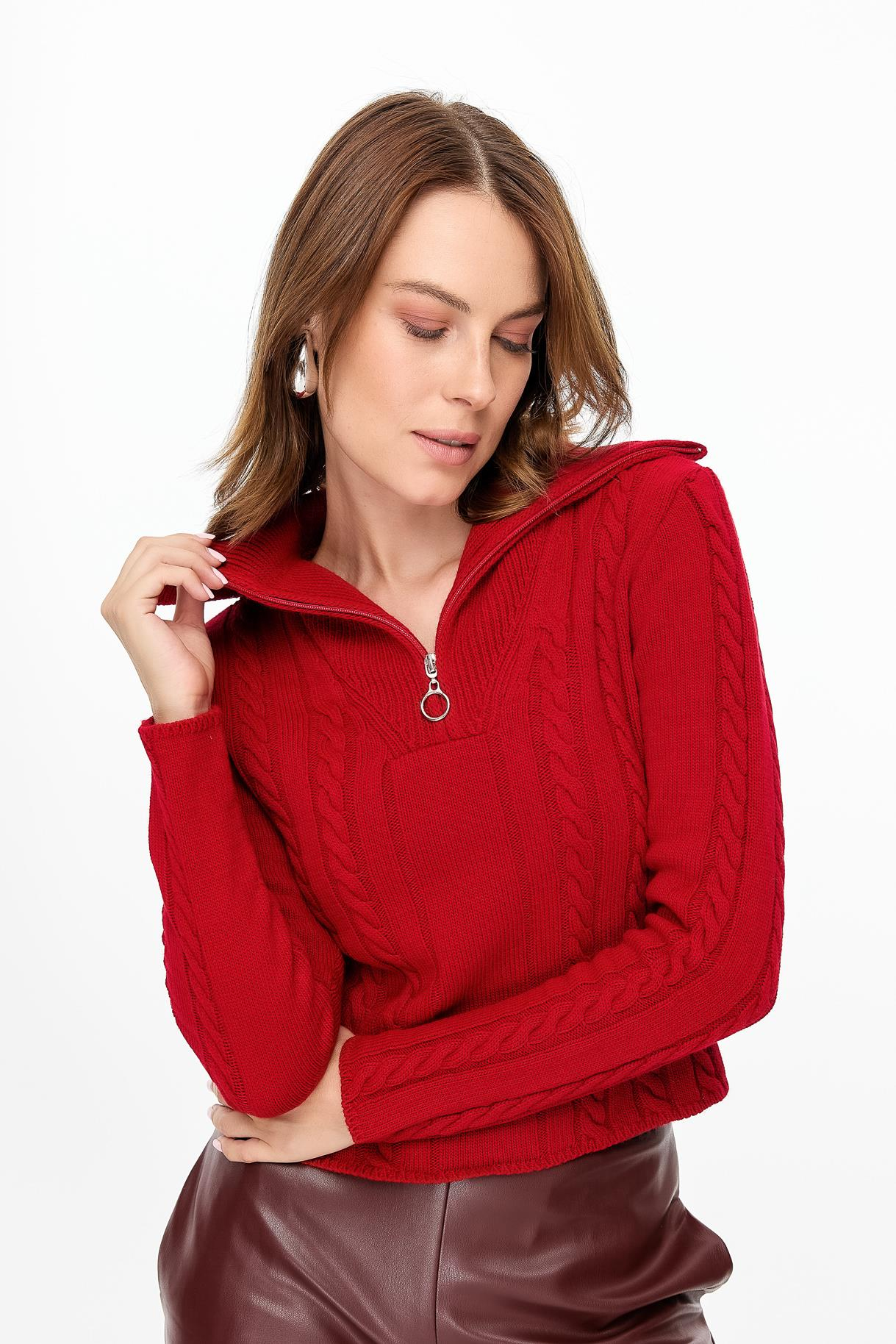 Örgü Desenli Polo Yaka Triko Kazak - KIRMIZI