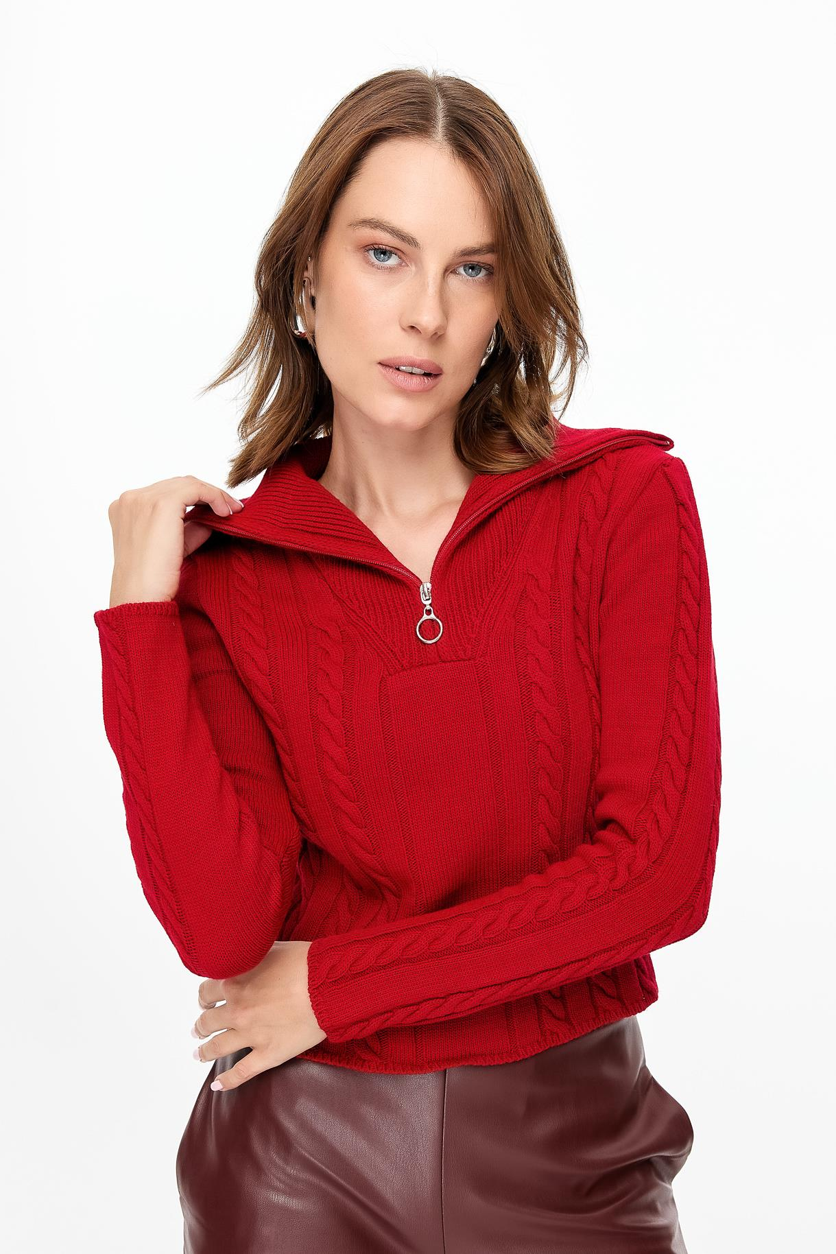 Örgü Desenli Polo Yaka Triko Kazak - KIRMIZI