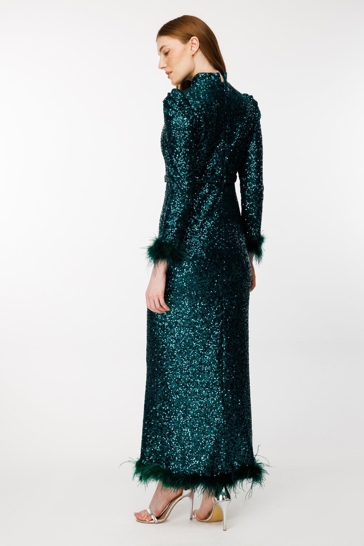 Otriş Detaylı Payet Uzun Abiye - ZÜMRÜT