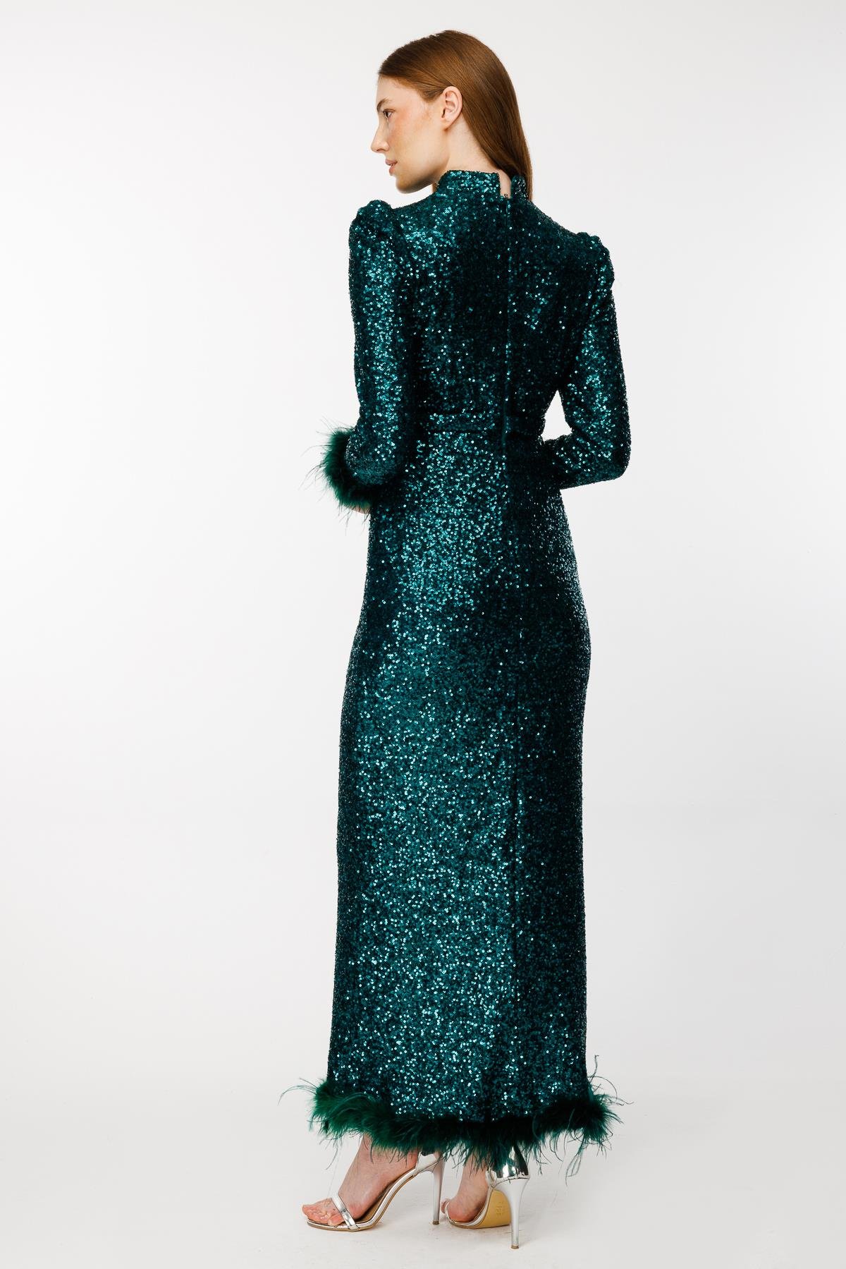 Otriş Detaylı Payet Uzun Abiye - ZÜMRÜT