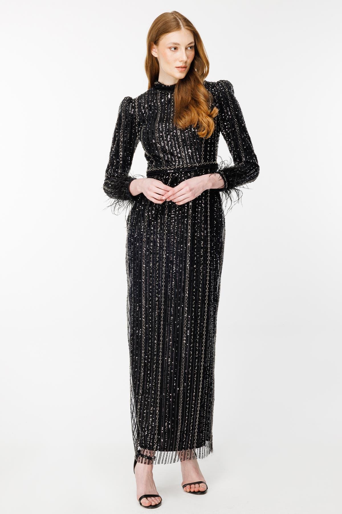 Otriş Detaylı Pul İşlemeli Kalem Abiye - SİYAH