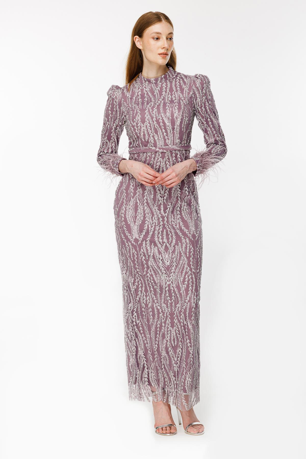 Otriş Detaylı Simli Kalem Abiye - LILA