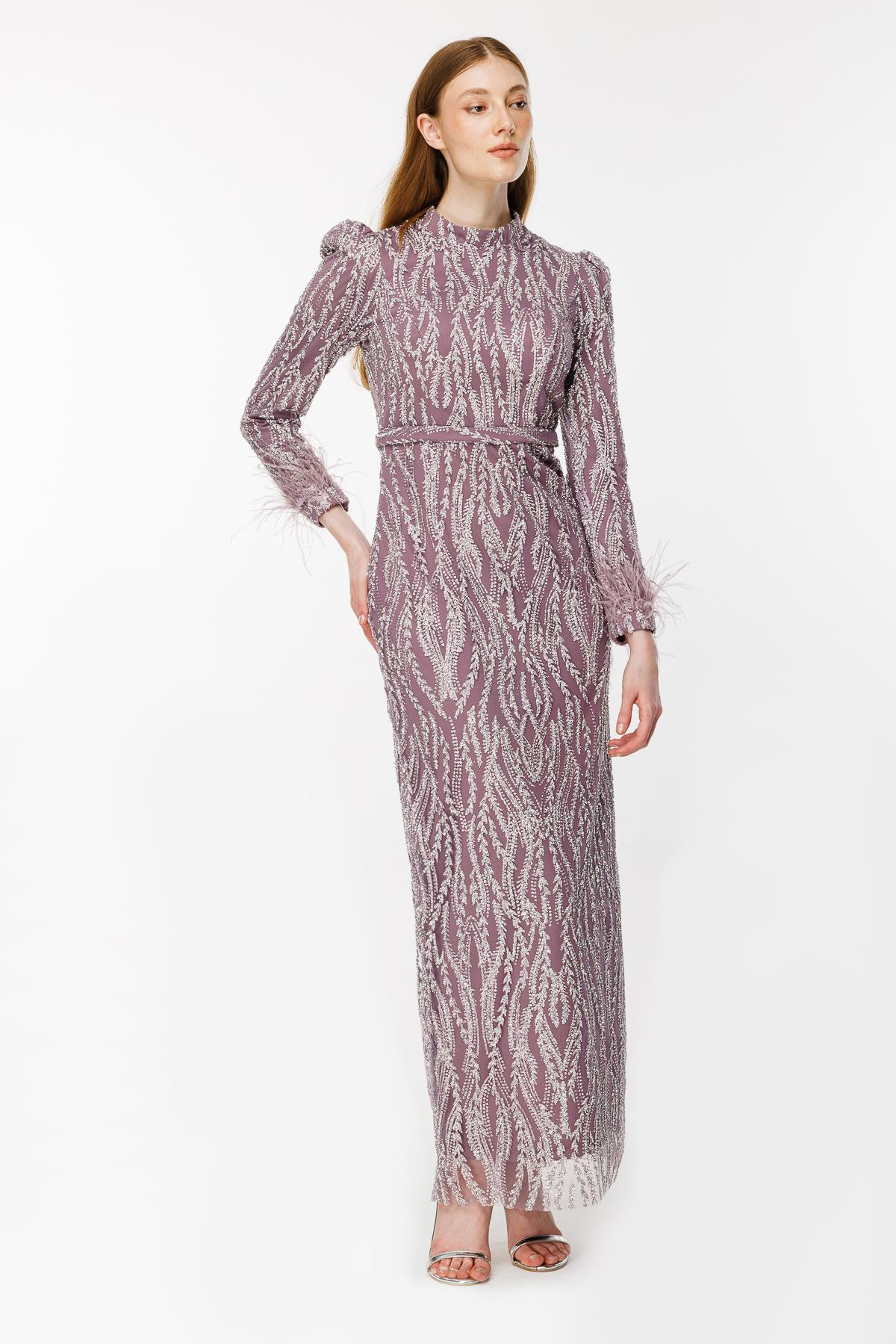 Otriş Detaylı Simli Kalem Abiye - LILA