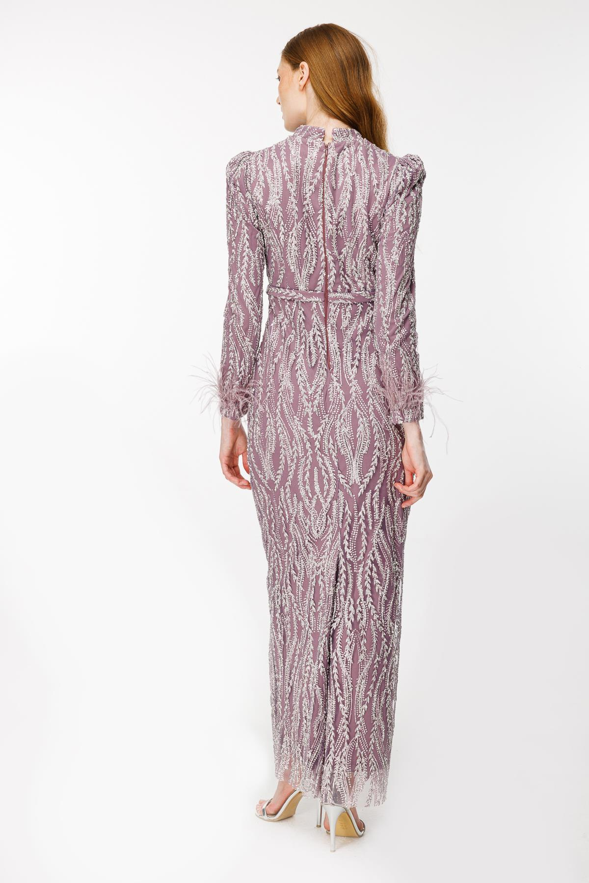 Otriş Detaylı Simli Kalem Abiye - LILA