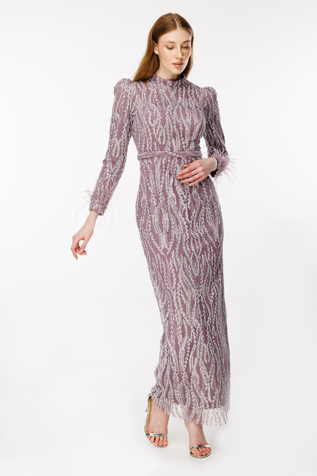 Otriş Detaylı Simli Kalem Abiye - LILA